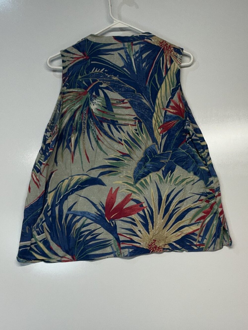 Chaps XL Blue Tropical Ruffle Tie Neck Sleeveless Blouse Boho Resort Top - Picture 4 of 14
